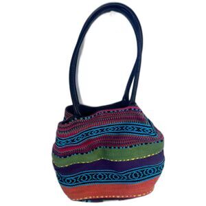 Woven Knit Colorful Embroidered Canvas Striped Shoulder Tote Bag Guatamalan